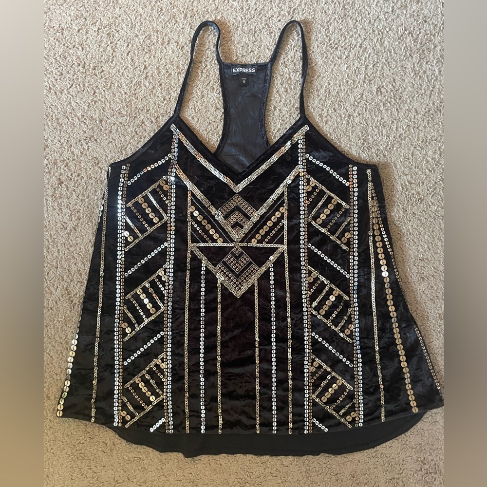 Express Velvet and Sequin Spaghetti Strap Razor-Back Tank Top